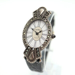 Cardini Marcasite Watch Women 24mm Silver Tone Roman Black Leather w New Battery
